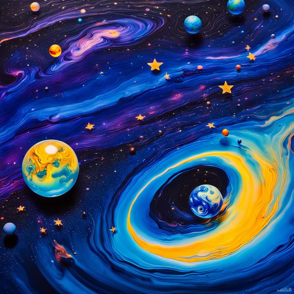 Iridescent Ink Drop Reflects a Cosmic World