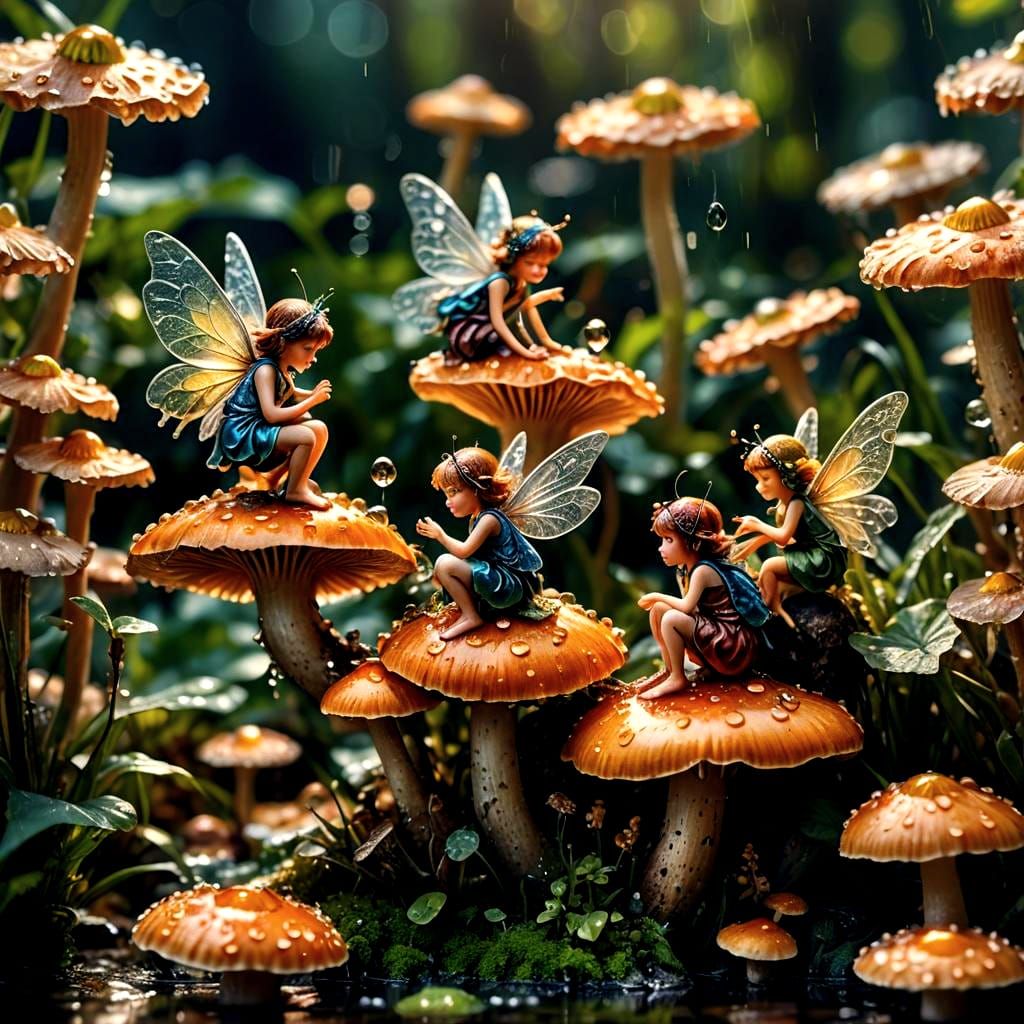 Detailed Macro Photograph of Fairies on Mushroom