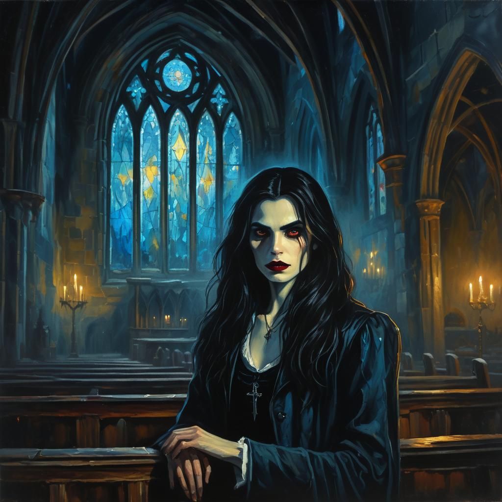 Vampire in Dimly Lit Church: Gothic Oil Painting