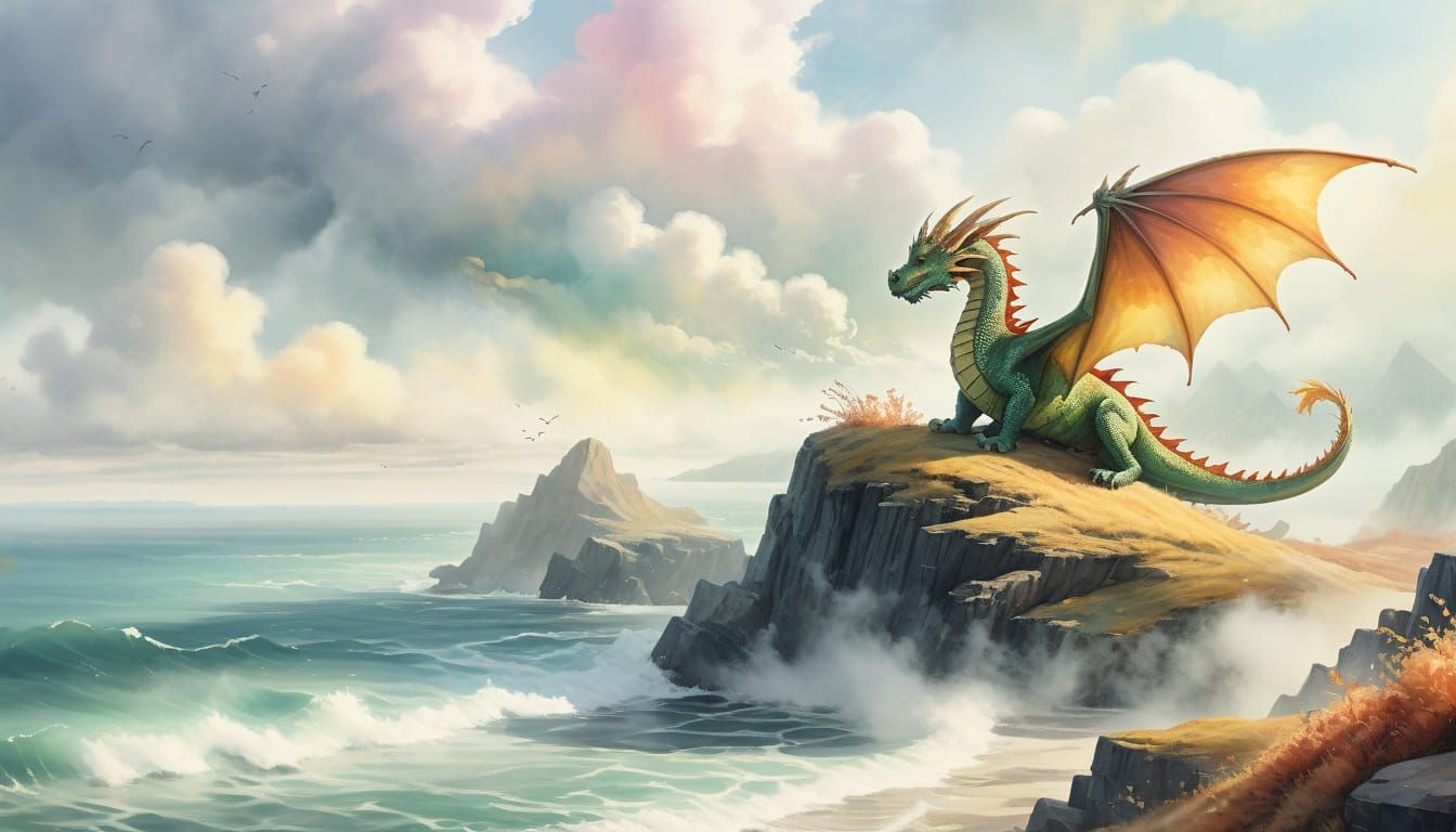 Whimsical Watercolor of Puff the Magic Dragon in Autumn Hona...