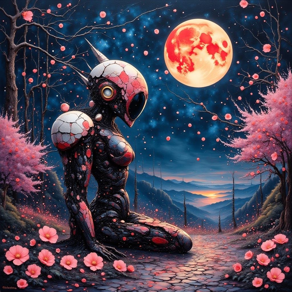 Mecha in Cherry Blossoms, Impasto Anime Style