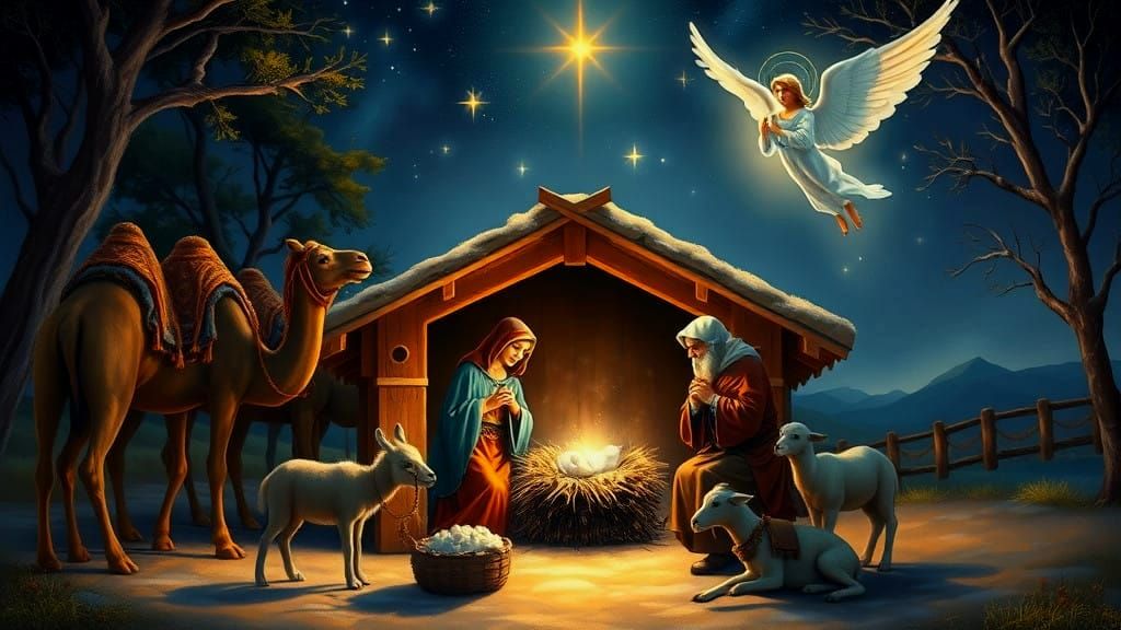 A Serene Nighttime Scene of the Holy Family with Wise Men