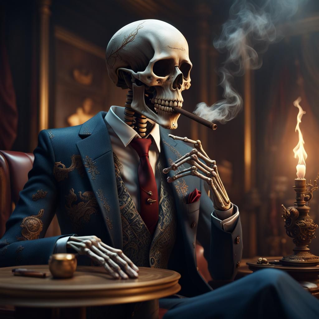 Skeleton Smoking Cigar: Detailed Fantasy Art