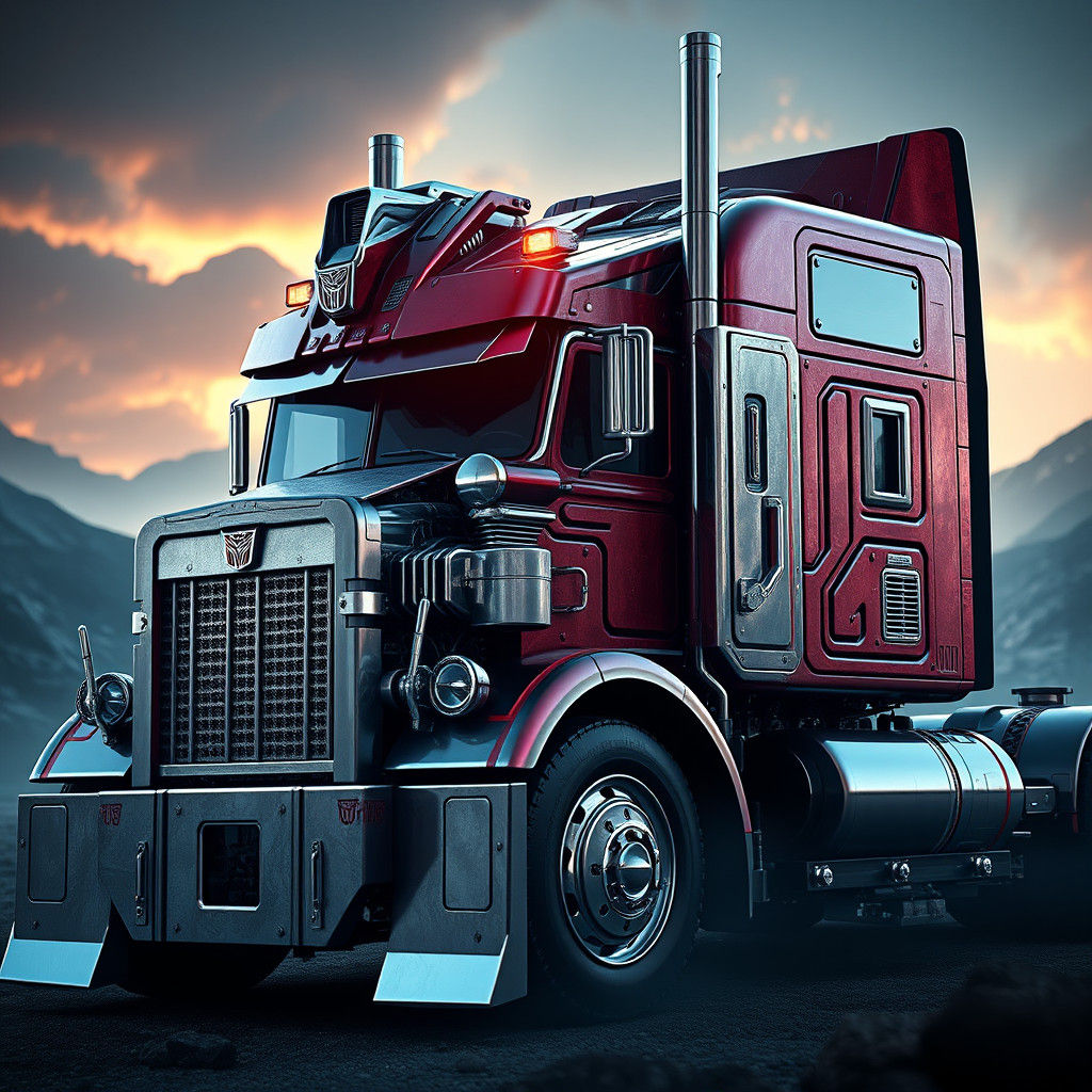 Optimus Prime's Truck Form in Sci-Fi Setting
