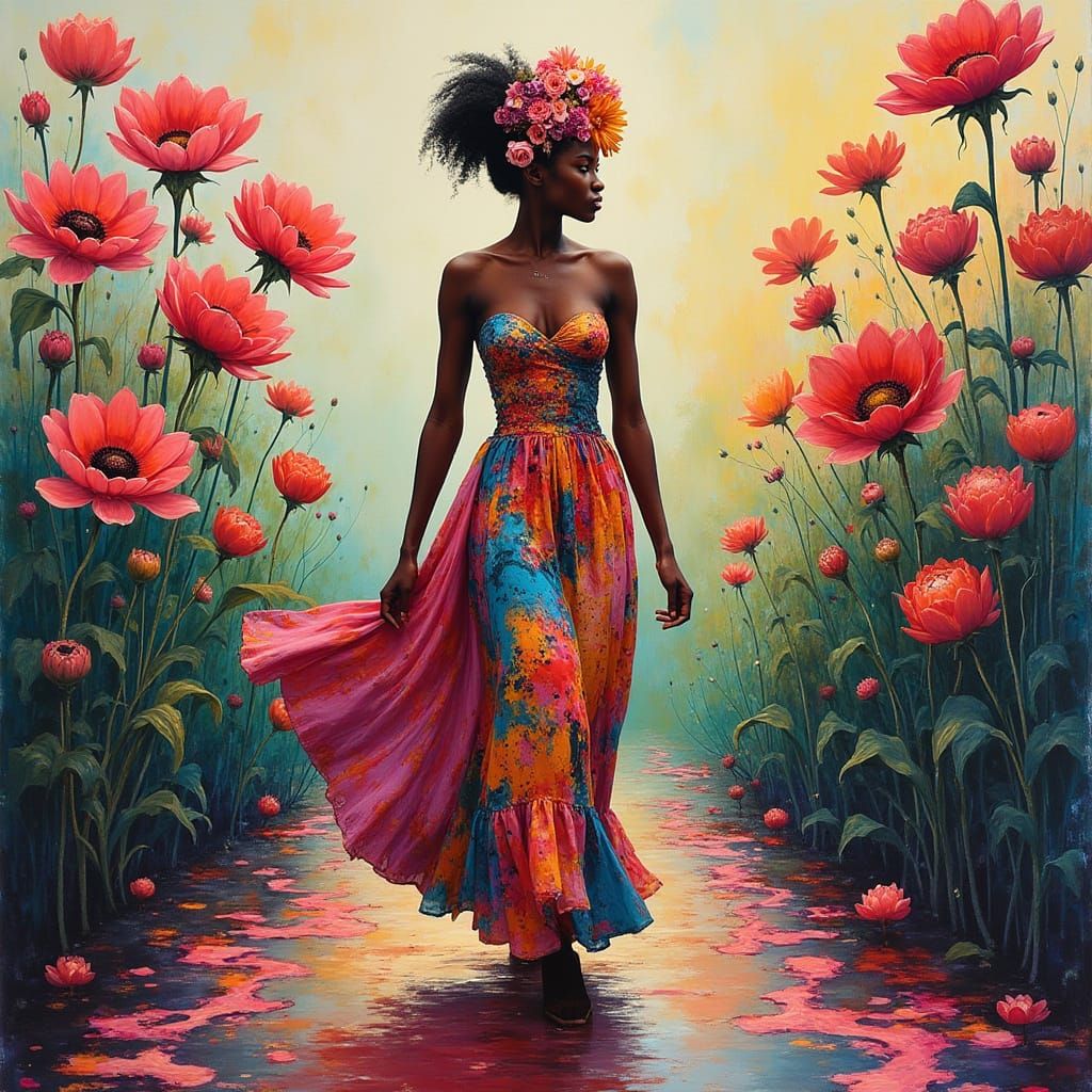 a dreamlike scene of a black woman walking in a surreal gard...