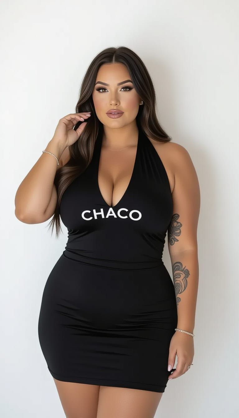 Elegant Plus-Size Woman in Black Halter Dress