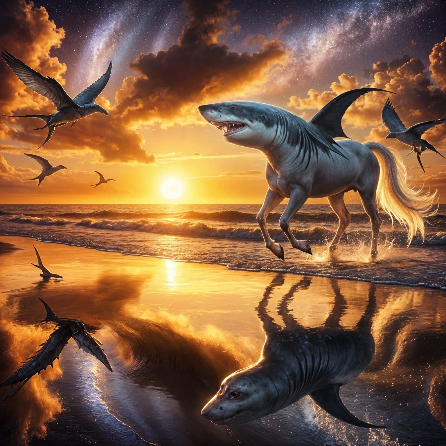 Surreal Sunset with Shark-Horse and Winged Sea Creatures