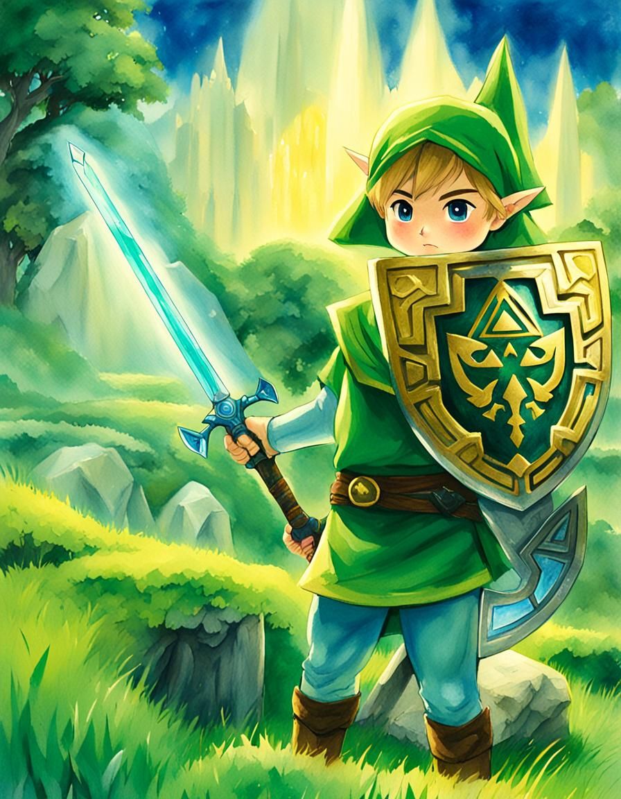 Baby Link in Hyrule Landscape Watercolor Illustration