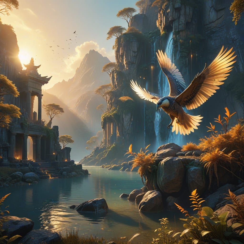 Surreal Forgotten Valley Landscape in Vibrant Golden Hour Li...