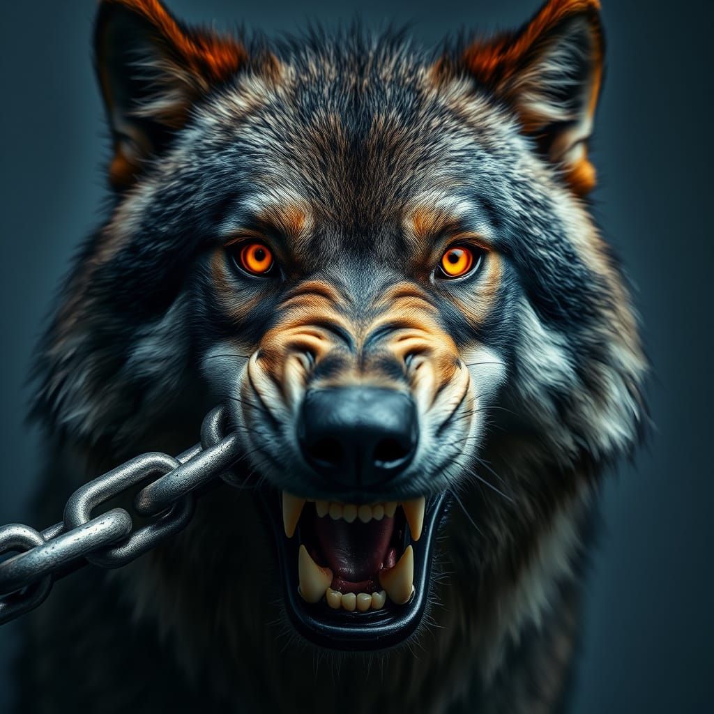Fierce Wolf Breaking Free from Metal Chains in Cyberpunk Sty...