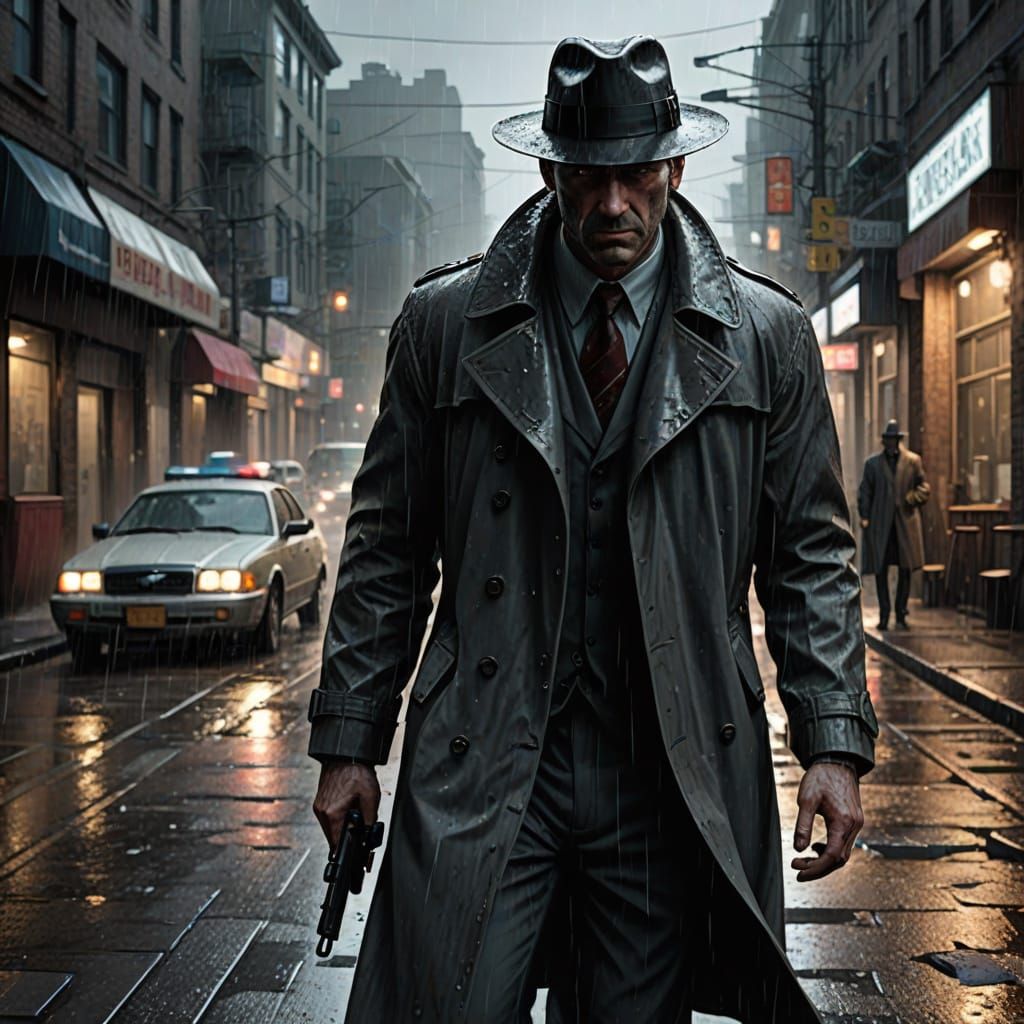 Noir Detective Investigates Crime Scene as Graphic Novel