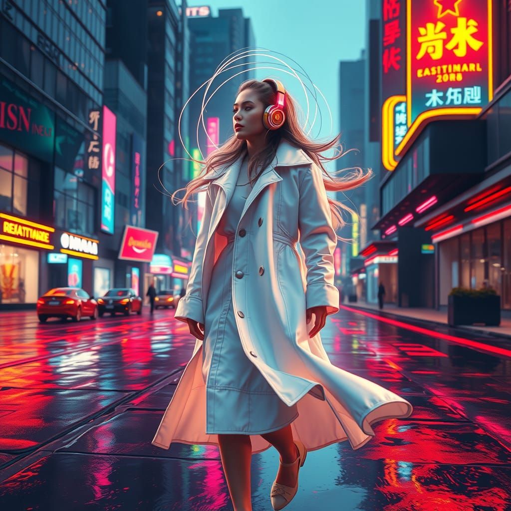 Neon-Noir Cityscape with Serene Figure in Industrial Futuris...