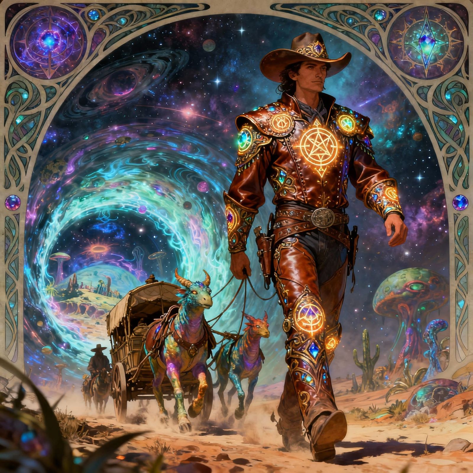 Enchanted Cowboy Leads Mythical Caravan Through Cosmic Porta...