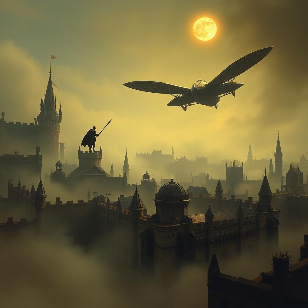 Knight Ascends Over Medieval Cityscape