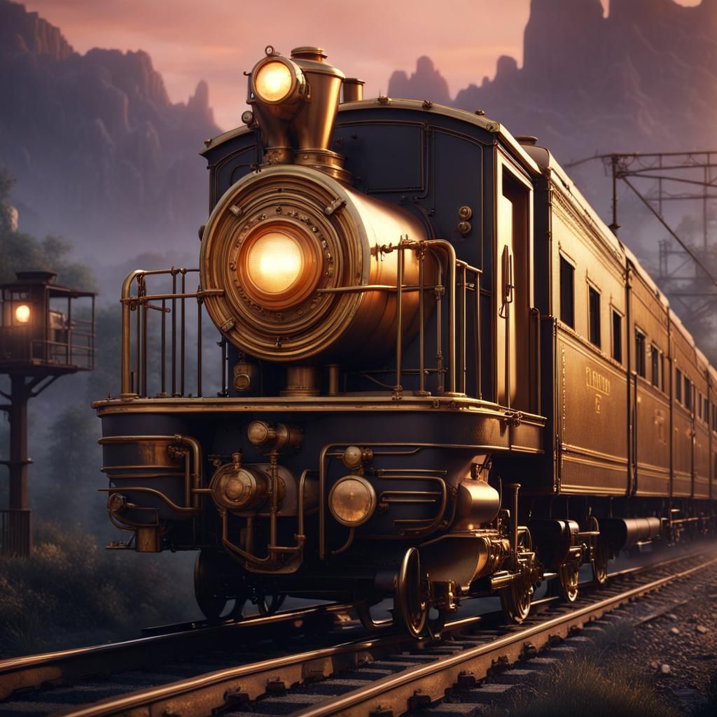 Golden Twilight Train on the Rails