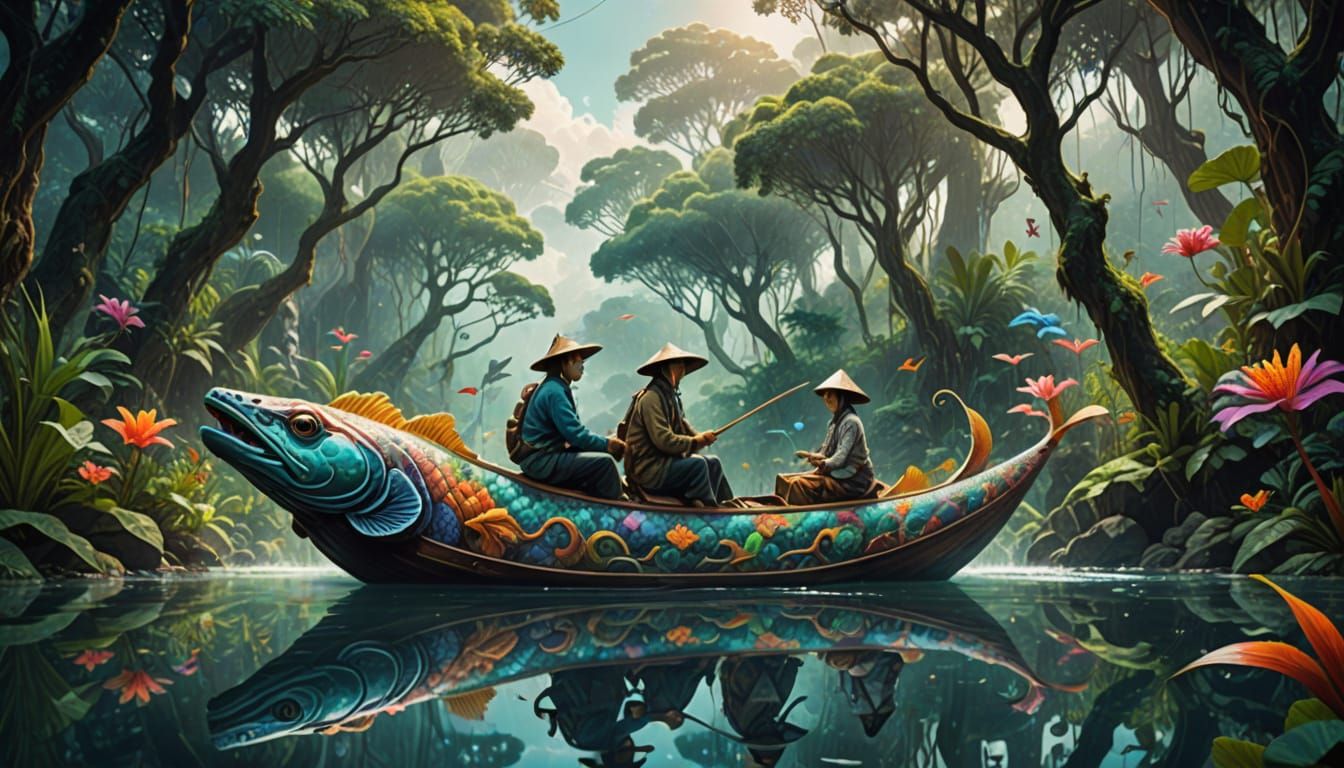 Ethereal Fantasy of Hmong People on Crystal Serpent Fish