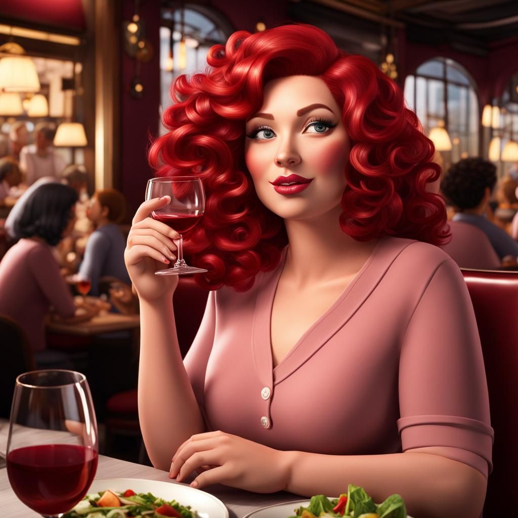 Plus-Sized Woman Enjoying Dinner, 3D Cartoon Oil Painting
