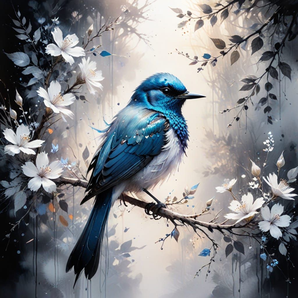 Iridescent Blue Bird on Branch in Black and White