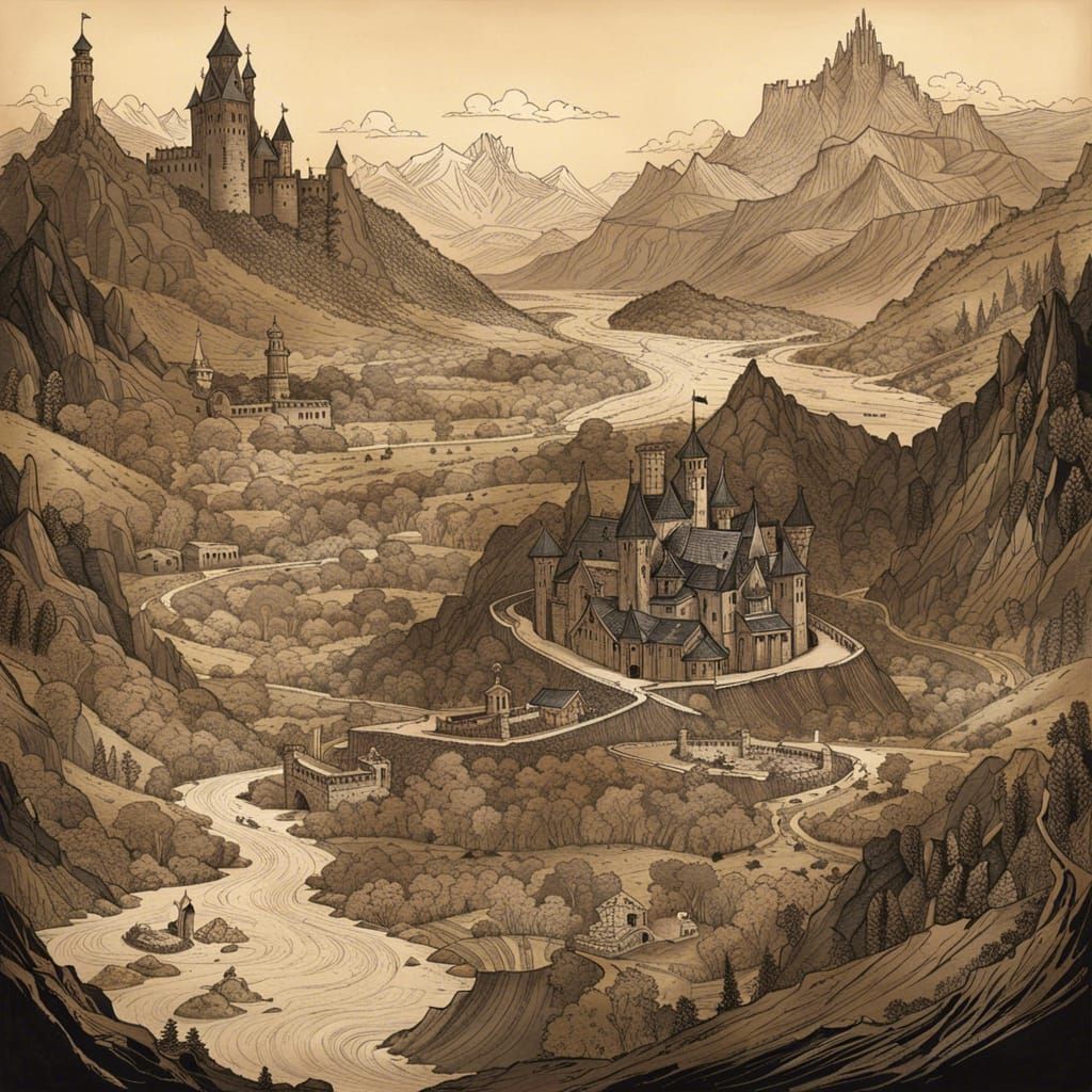 Detailed Fantasy Map with Castles and Artifacts