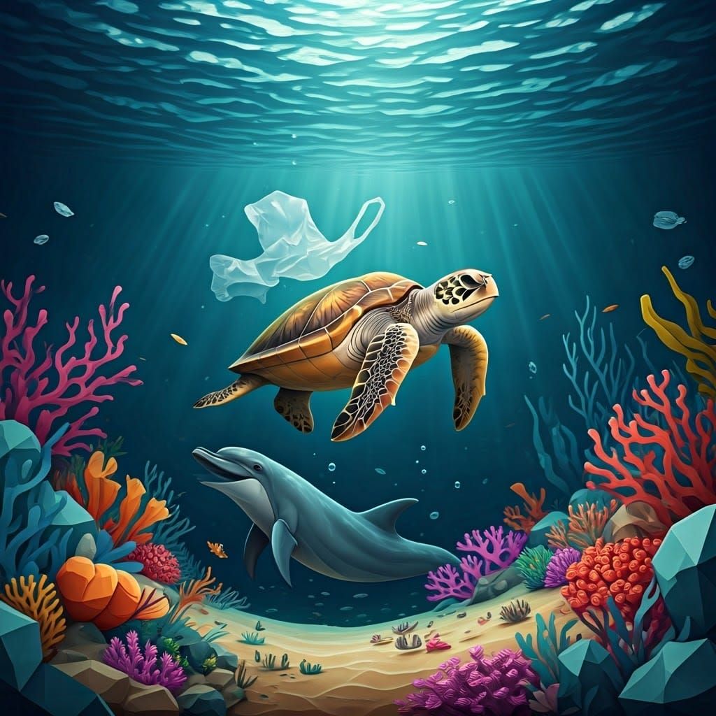 Sea Turtle's Struggle: Ocean Pollution in Papercraft Style