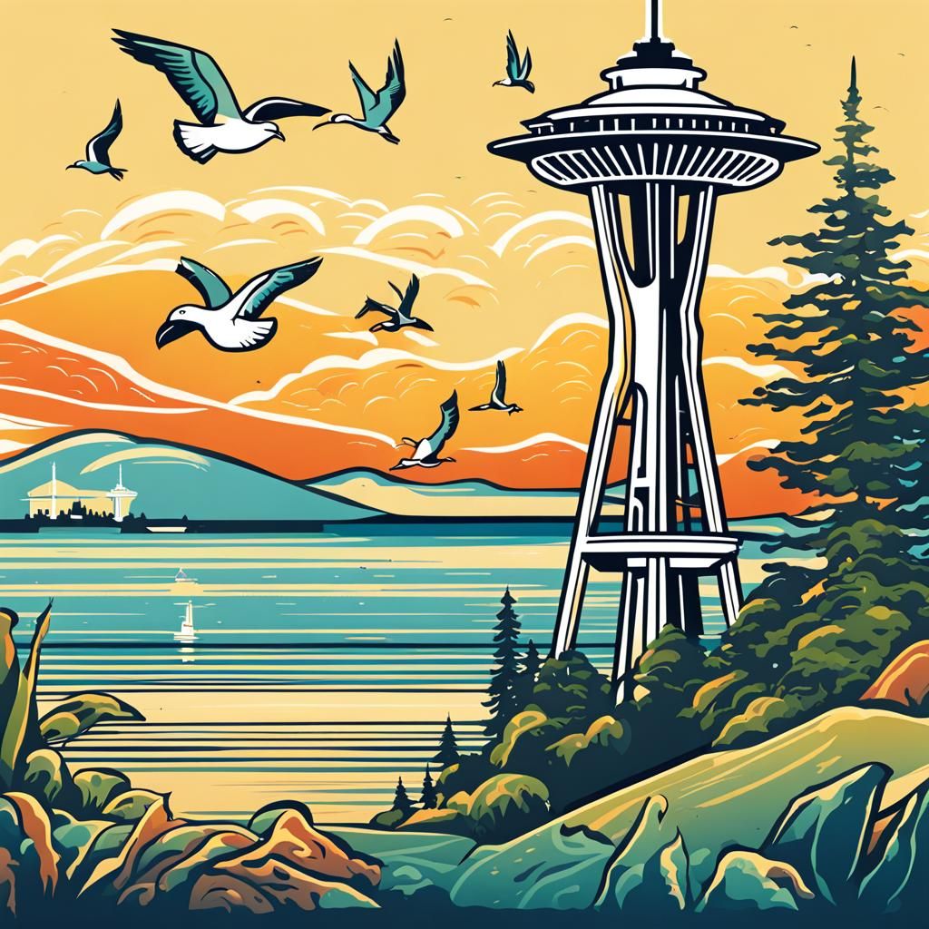 Cartoon Puget Sound with Space Needle