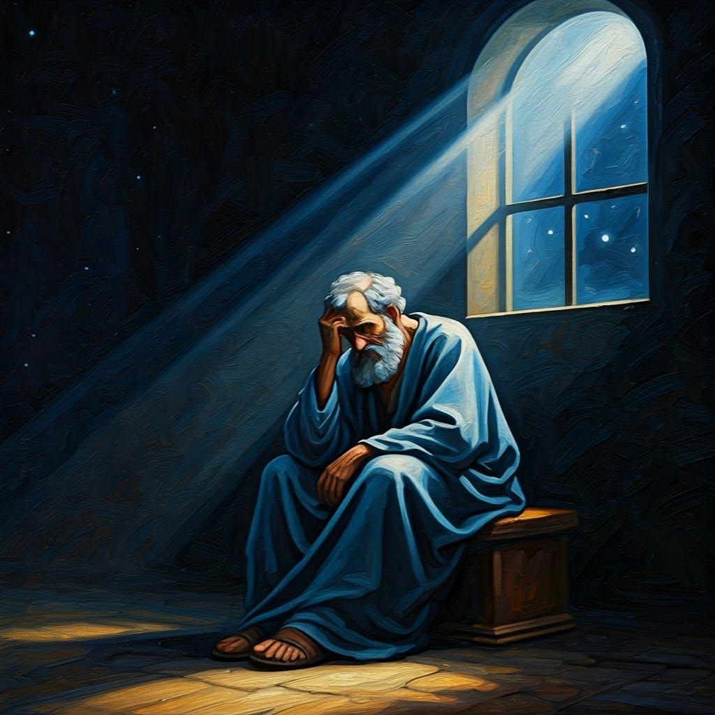 St Peter sitting alone, despairing,in a dark room with a sin...