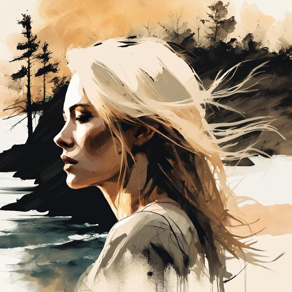 Blonde Woman at Baltic Sea Cliff in Ink Art Style