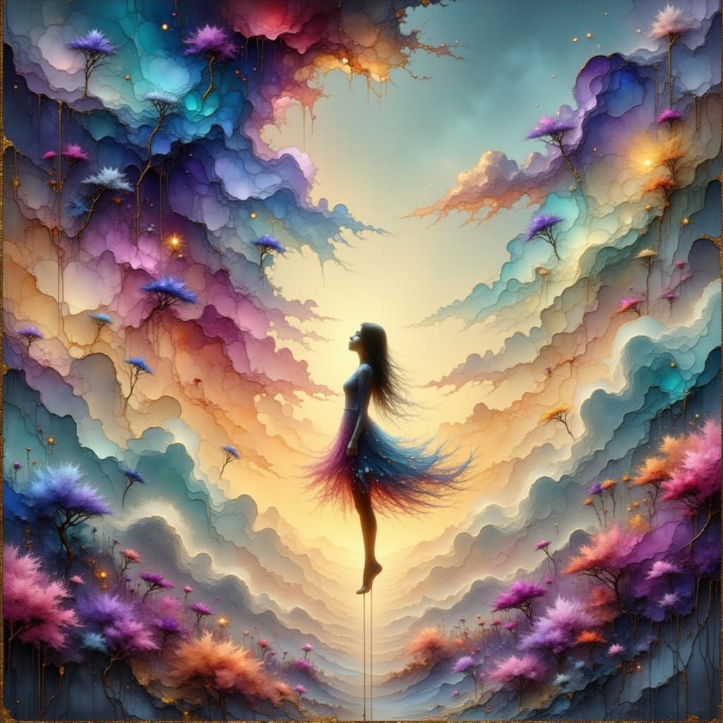 Ethereal Ascent: Woman Floating in a Dreamy Sky