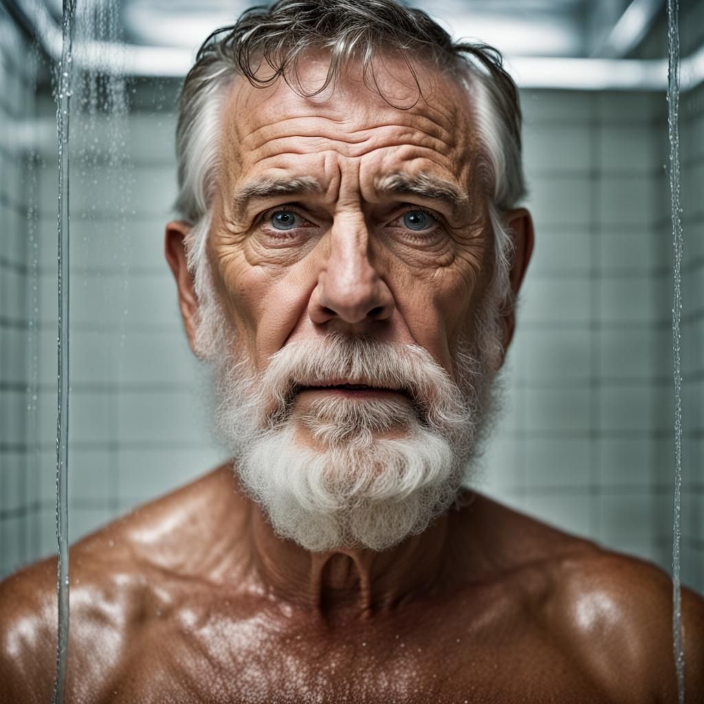 Close-Up Portrait of Bearded Man in Shower