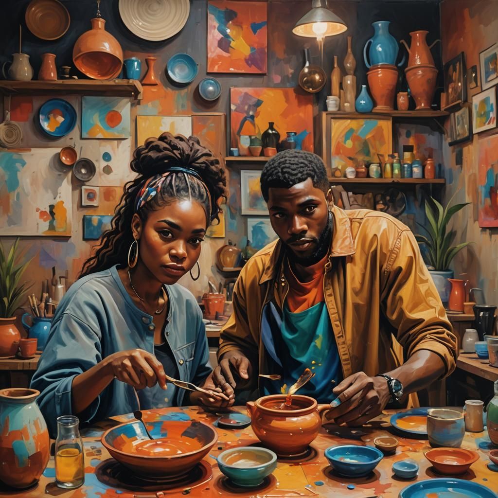 Pottery Date: Vibrant Oil Painting in Urban Style