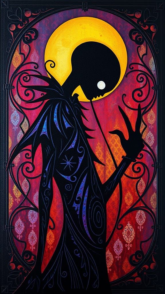 Half of a Shadow Figure Tim Burton contrasting colors deep color art deco poster art brocade filigree oil on canvas quil...