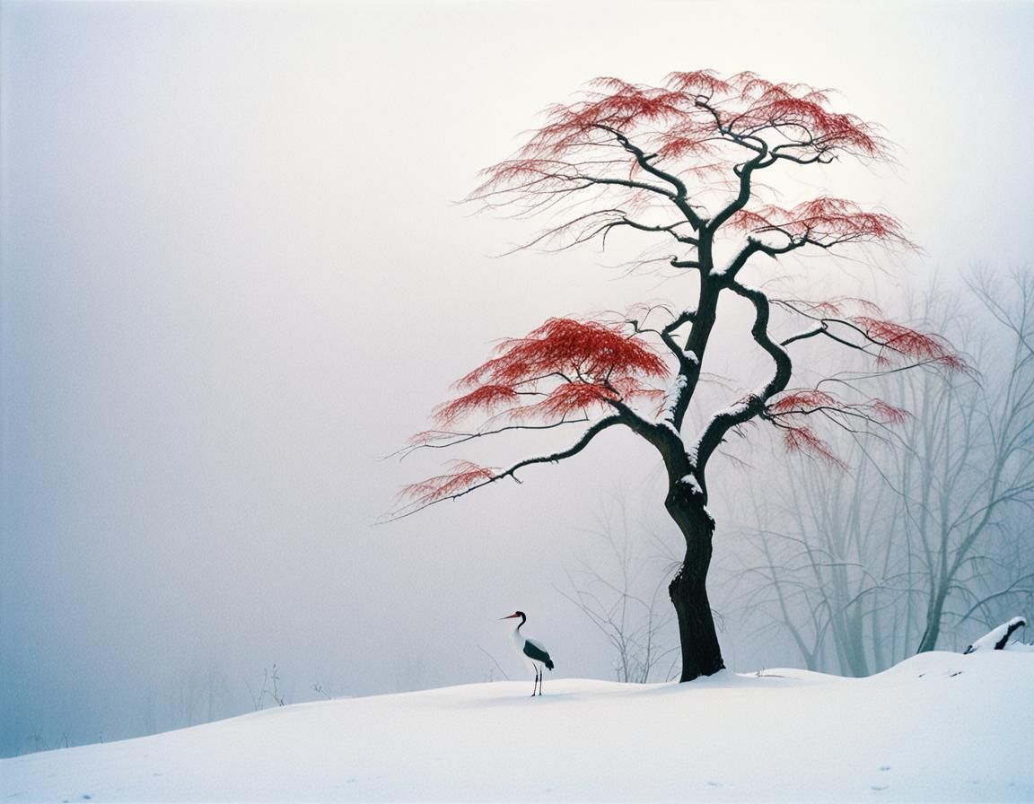 Solitary Crane in Snowy Chinese Landscape
