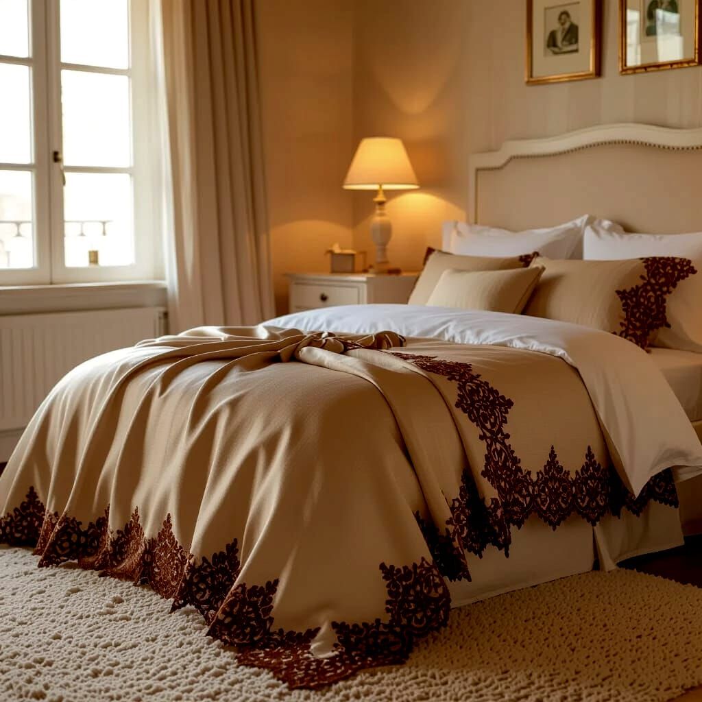 Cozy Beige Silk Linen Bedroom with Brown Lace Details