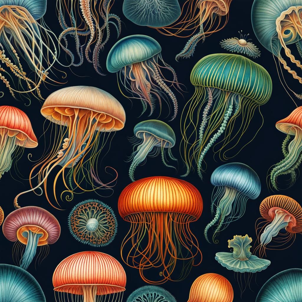 Colorful Jellyfish Biological Illustration in Haeckel Style