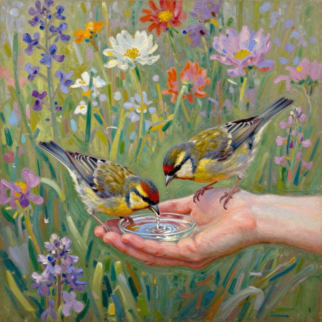 Robin Drinks From Hand in Flower Field, Impressionist Oil Pa...