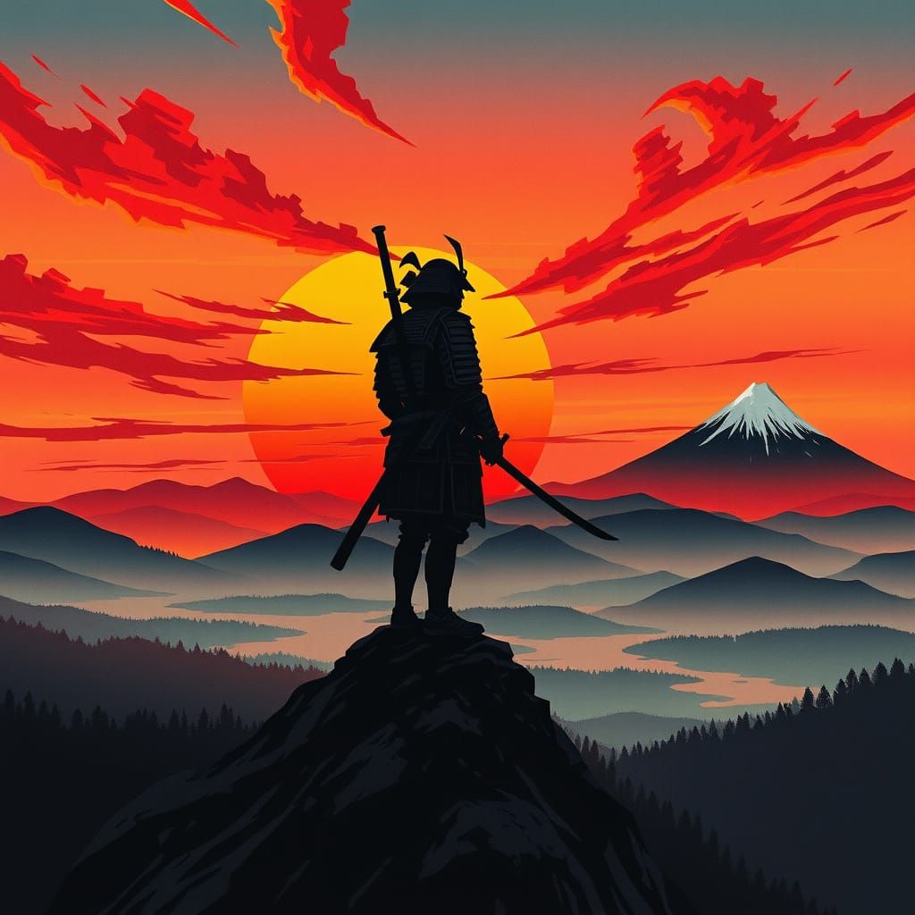 Samurai at Sunset: Traditional Japanese Woodblock Print