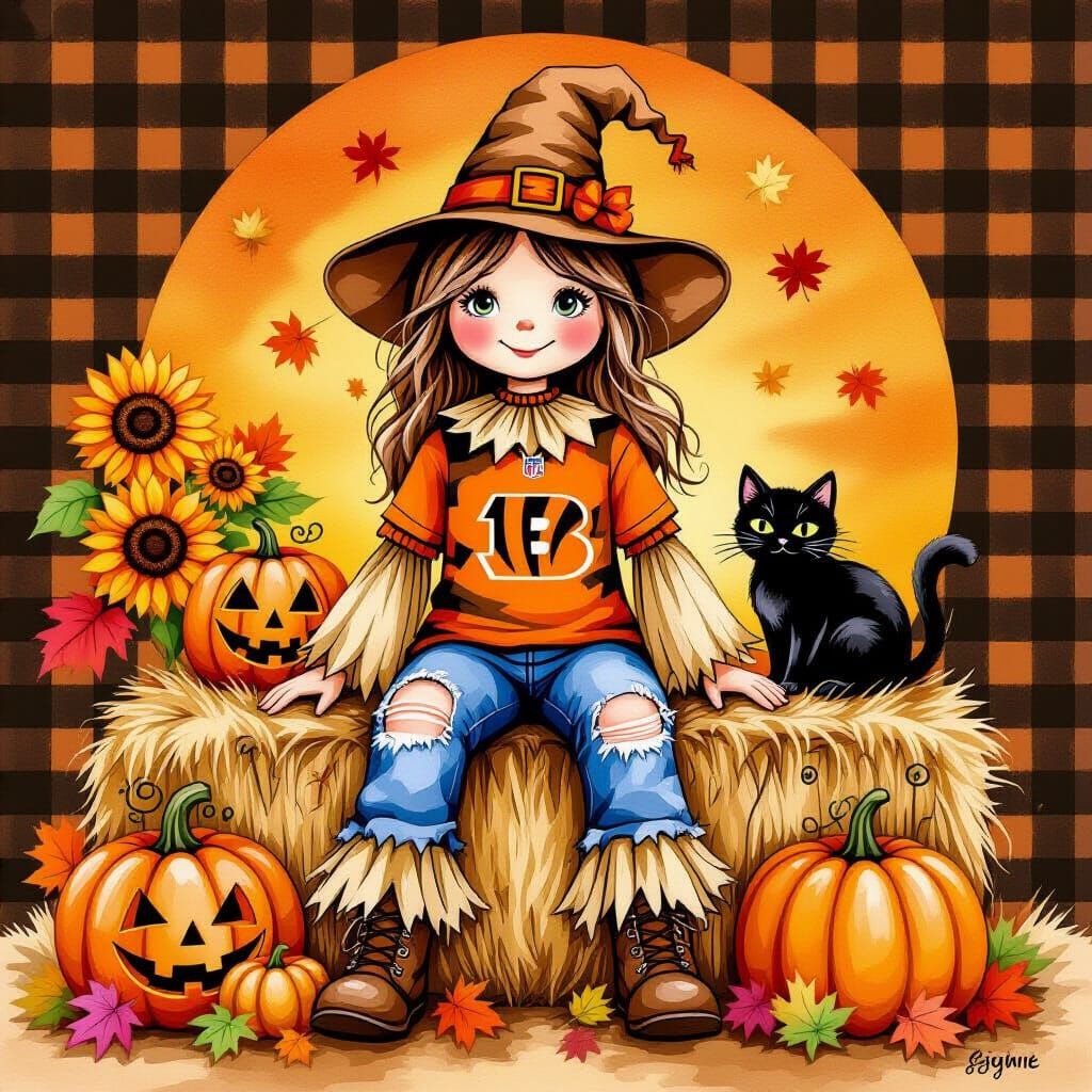 Whimsical Scarecrow Girl in Bengals Shirt with Black Cat