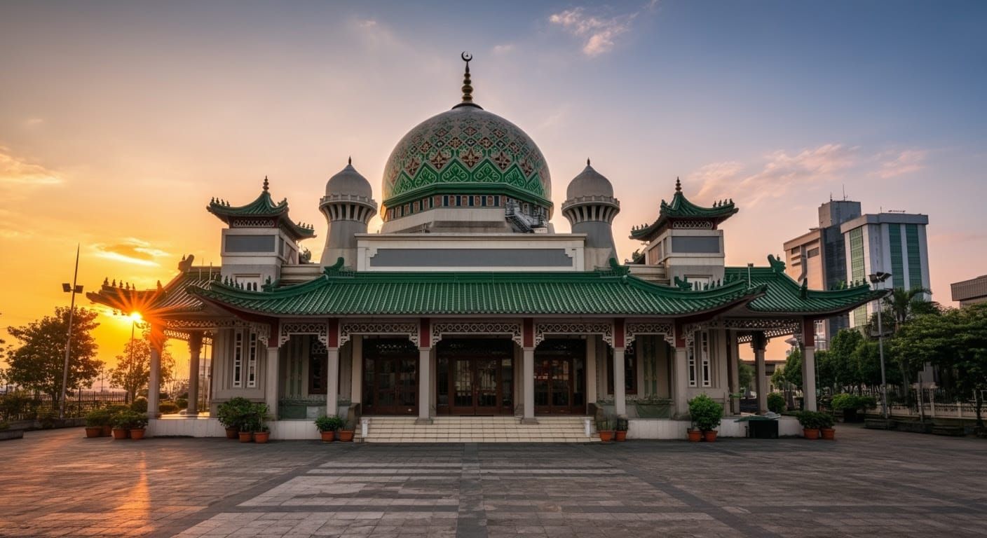 Surreal Mosque Glows with Warm Sunset Light, Amidst Modern C...
