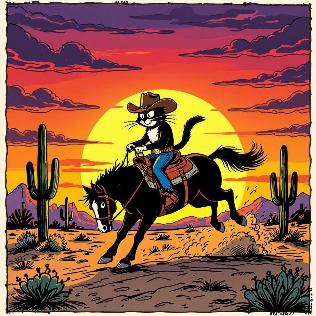 Fritz the Cat Rides a Bronco in the Desert Sunset