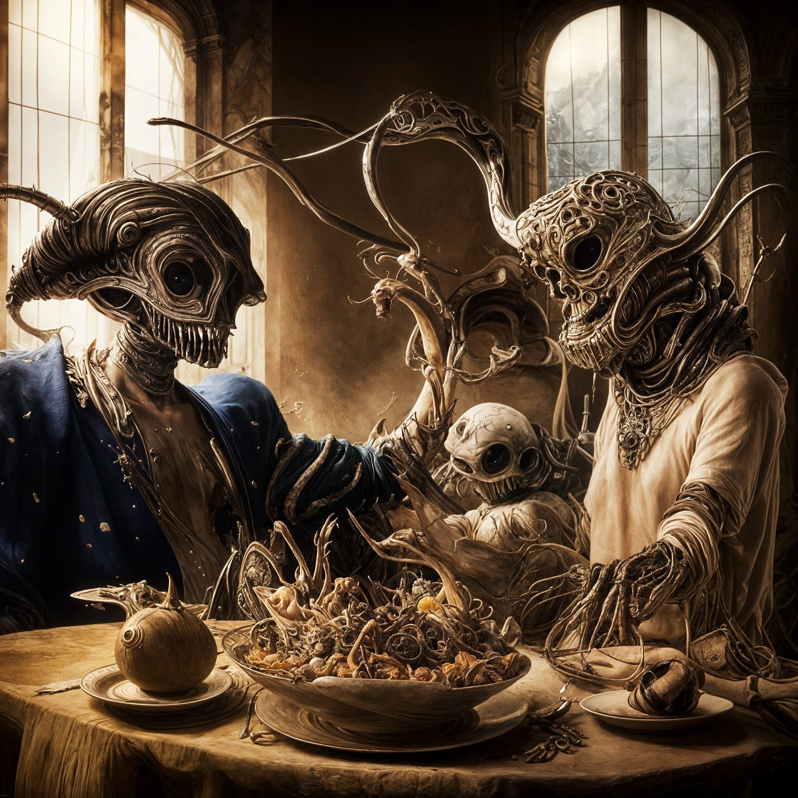 Futuristic Alien Feast: Detailed Surrealist Digital Art