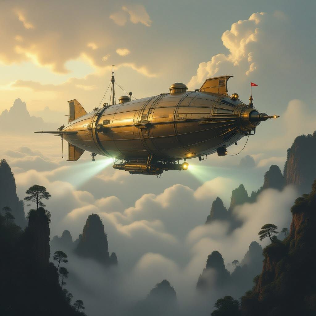 Steampunk Airship Above Foggy Sea with Ancient Trees