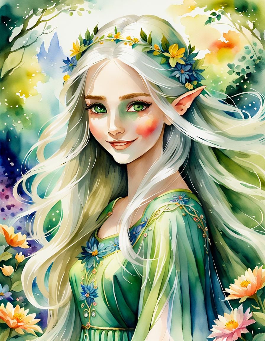 Enchanting Elf Maiden in Watercolor Garden