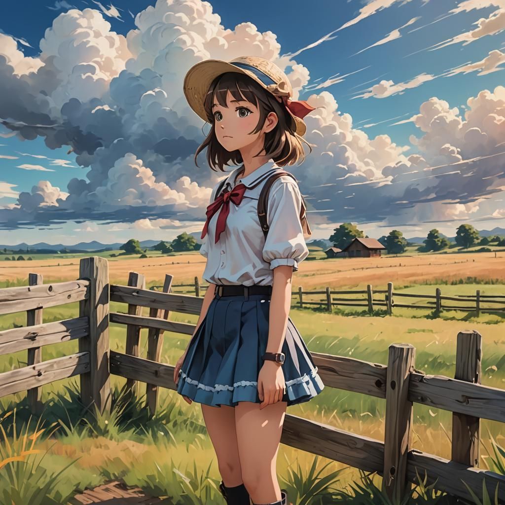 Anime Girl in Field with Clouds, Studio Trigger Style
