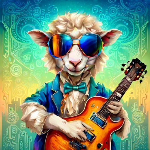 Sheep Rock Star Portrait with Guitar and Sunglasses