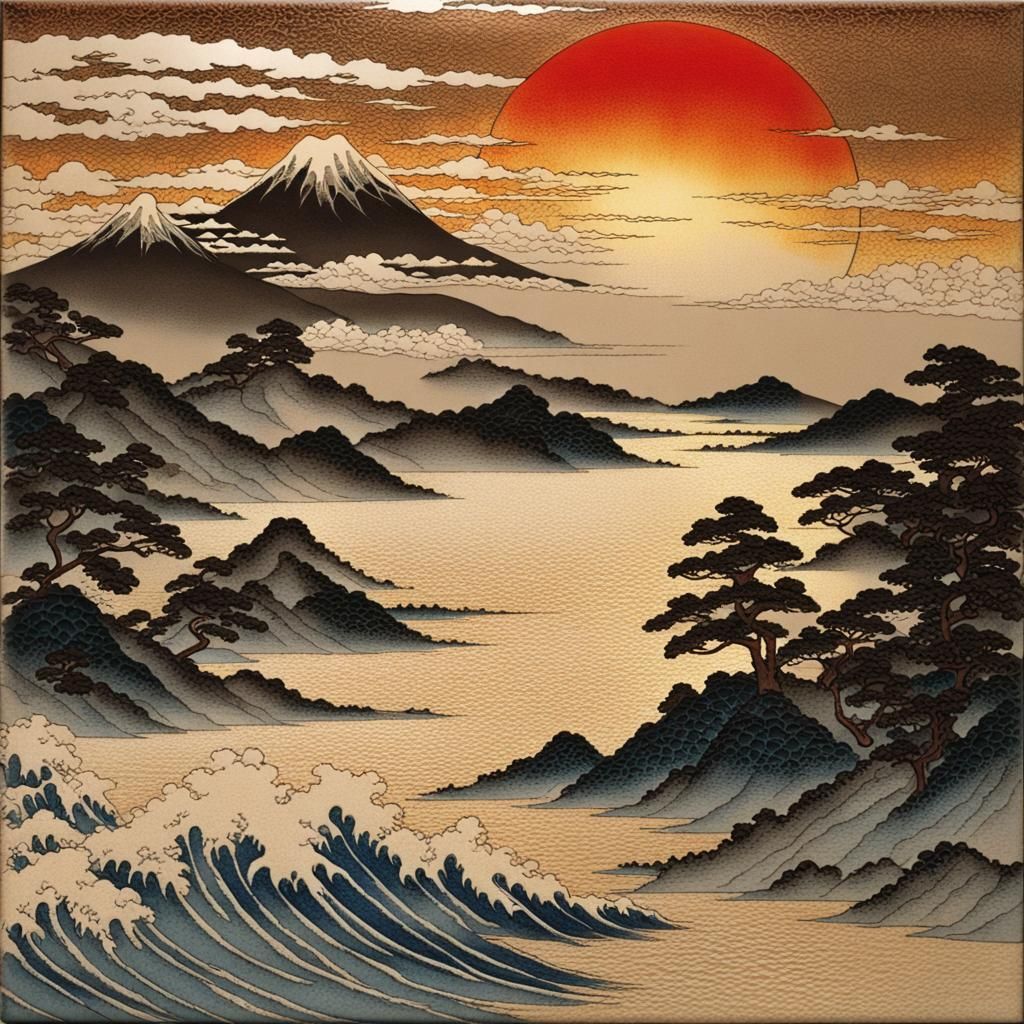 Crackle Glass Sundown in Hokusai Style