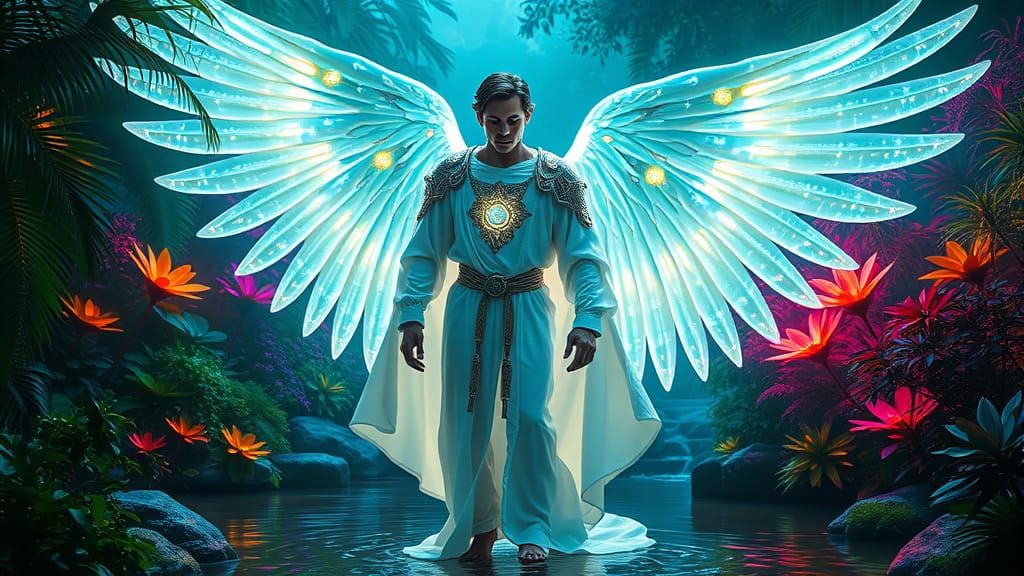 Archangel in Bioluminescent Garden, Futuristic Concept Art