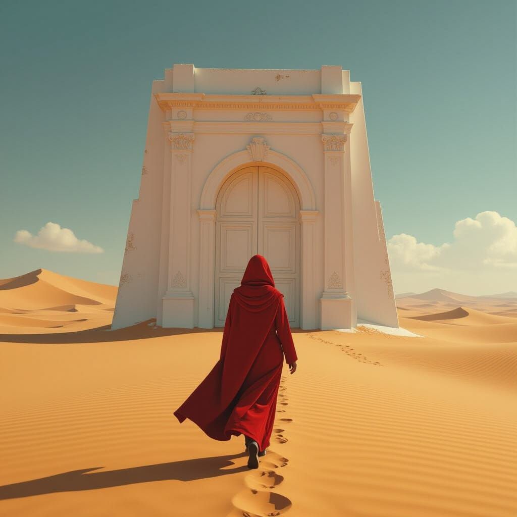 Woman in Red Coat Approaches Ornate Desert Door