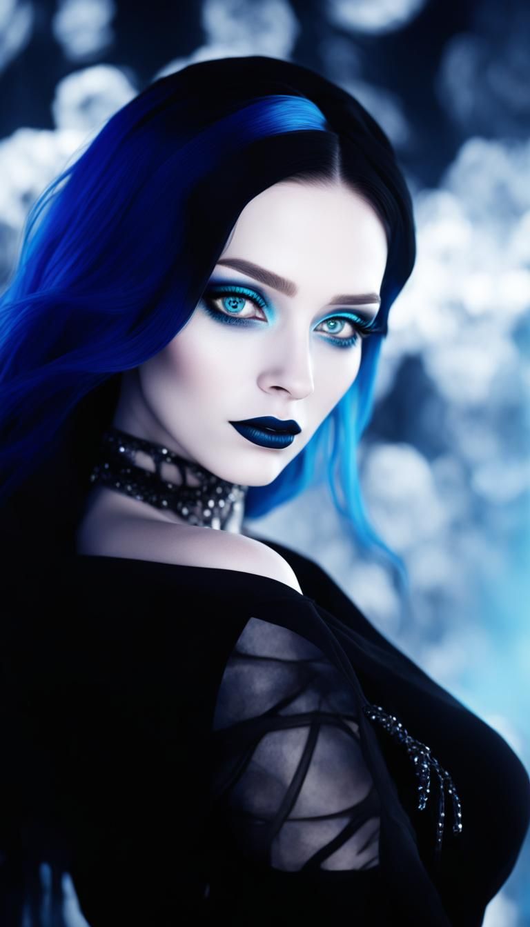 Realistic portrait of a beautiful gothic young lady with long neon blue hair and blue eyes with black eyeshadow with bla...