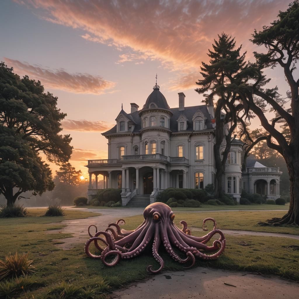 Octopus Guarding a Deserted Mansion at Sunrise