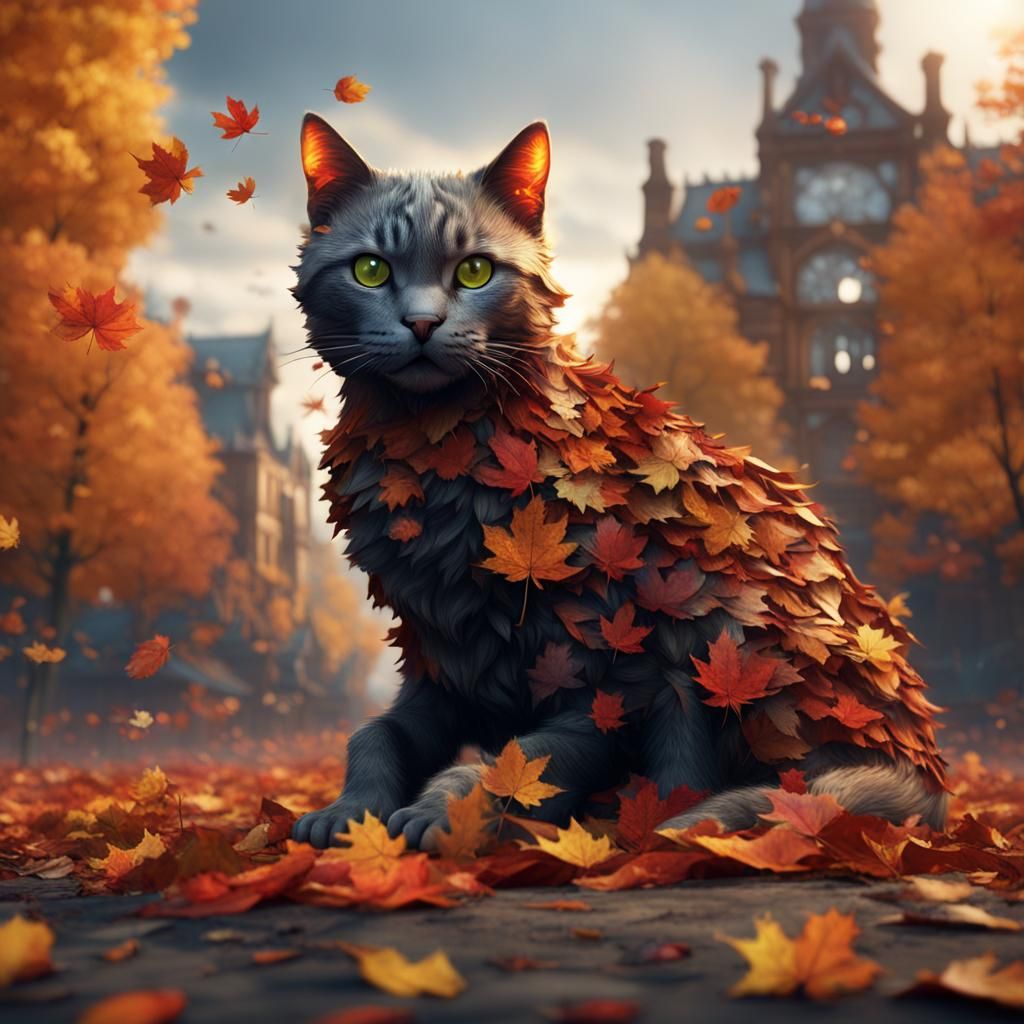 Autumn Leaves Form a Cat: Fantasy Concept Art